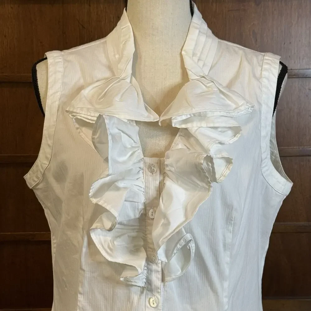 VTG ARMANI COLLEZIONI Women’s Sleeveless Ruffle Casual Formal Cream Shirt 10 - Picture 2 of 13